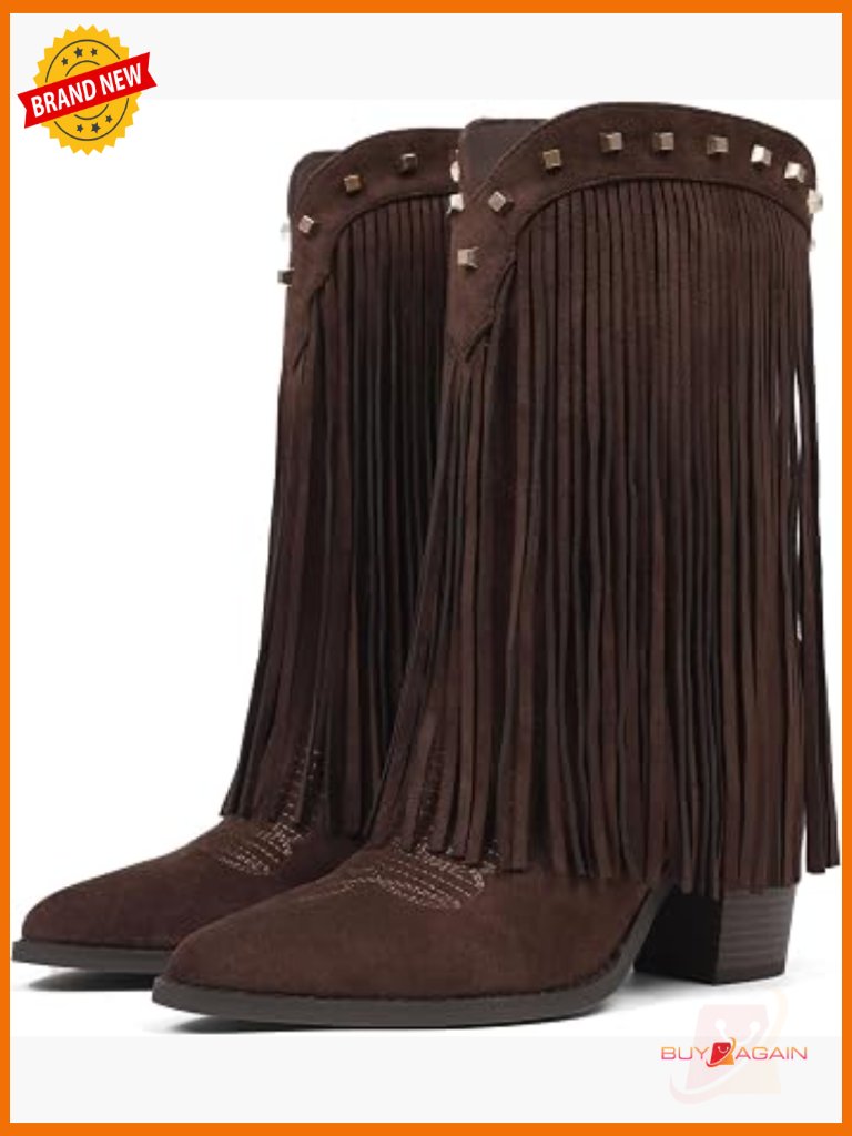 Fringe Western Cowgirl Boots Mid Calf Pointed Toe Chunky Heel Studded
